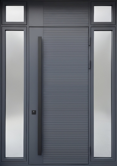 Современная входная группа с остеклением, бугельной ручкой и панелями МДФ RAL графит и ПВХ